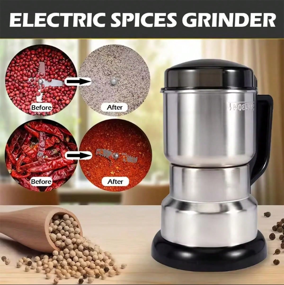 Coffee Bean Grinder Electric - コーヒーミル、300Wの強力モーター搭載、4枚刃の304ステンレス製電動コーヒー豆ミル、400g/400ml/14オンスの深型粉砕室、26000RPMの乾燥食品加工機能、ワンタッチ操作、コーヒー豆、スパイス、ナッツに最適。
