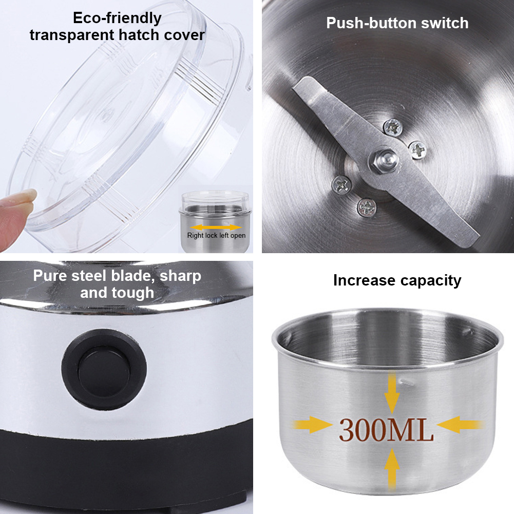 Coffee Bean Grinder Electric - 電動コーヒーミル、ステンレス製スパイスミル、ペッパーミル、家庭用穀物ミル。スパイス、種子、米、豆、調味料などに使用可能。